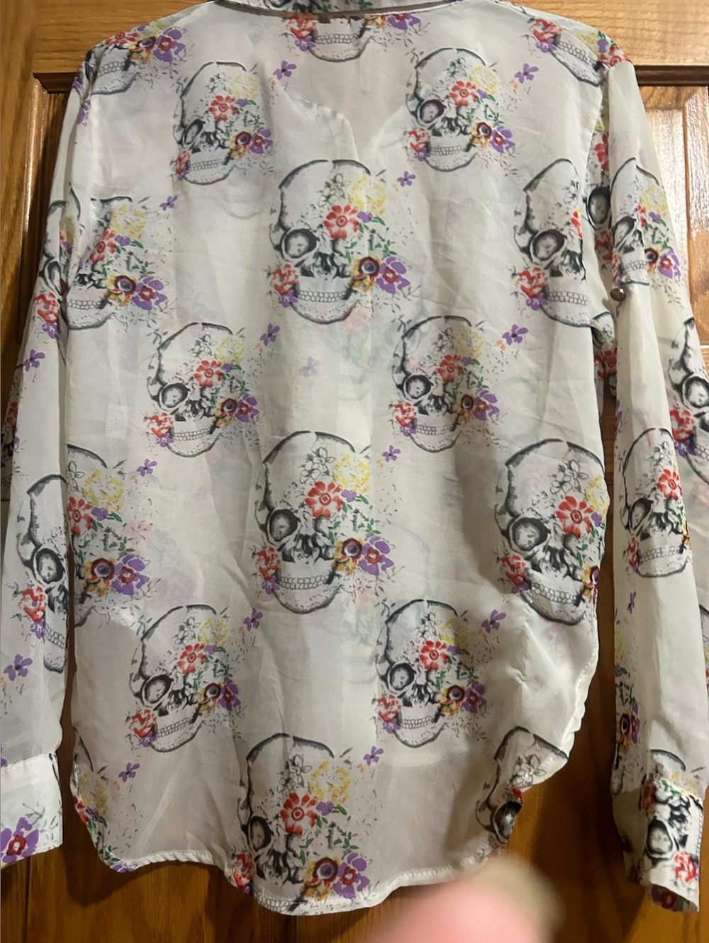 36 point 5 Floral Skull Print Button-Up sheer Blouse - Picture 4 of 4